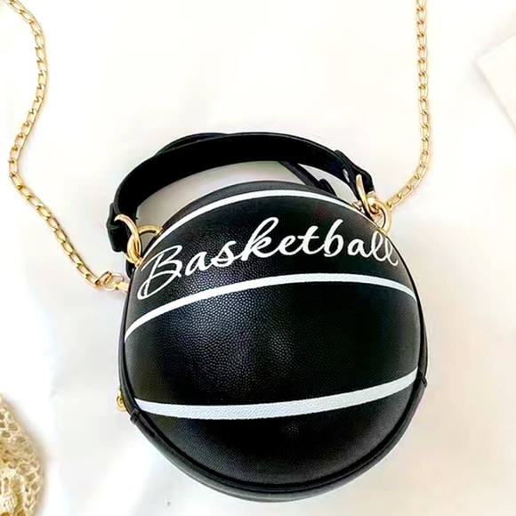 BASKETBALL SHAPE CROSSBODY MINI BAG, METAL CHAIN, LETTERS PRINTED BLACK - Picture 2 of 6